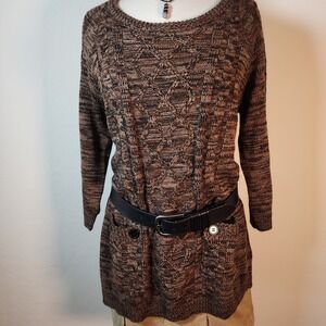 Effeci Womens XL Brown Knit‎ Tunic Sweater Tunic 3/4 Sleeve Round Neck